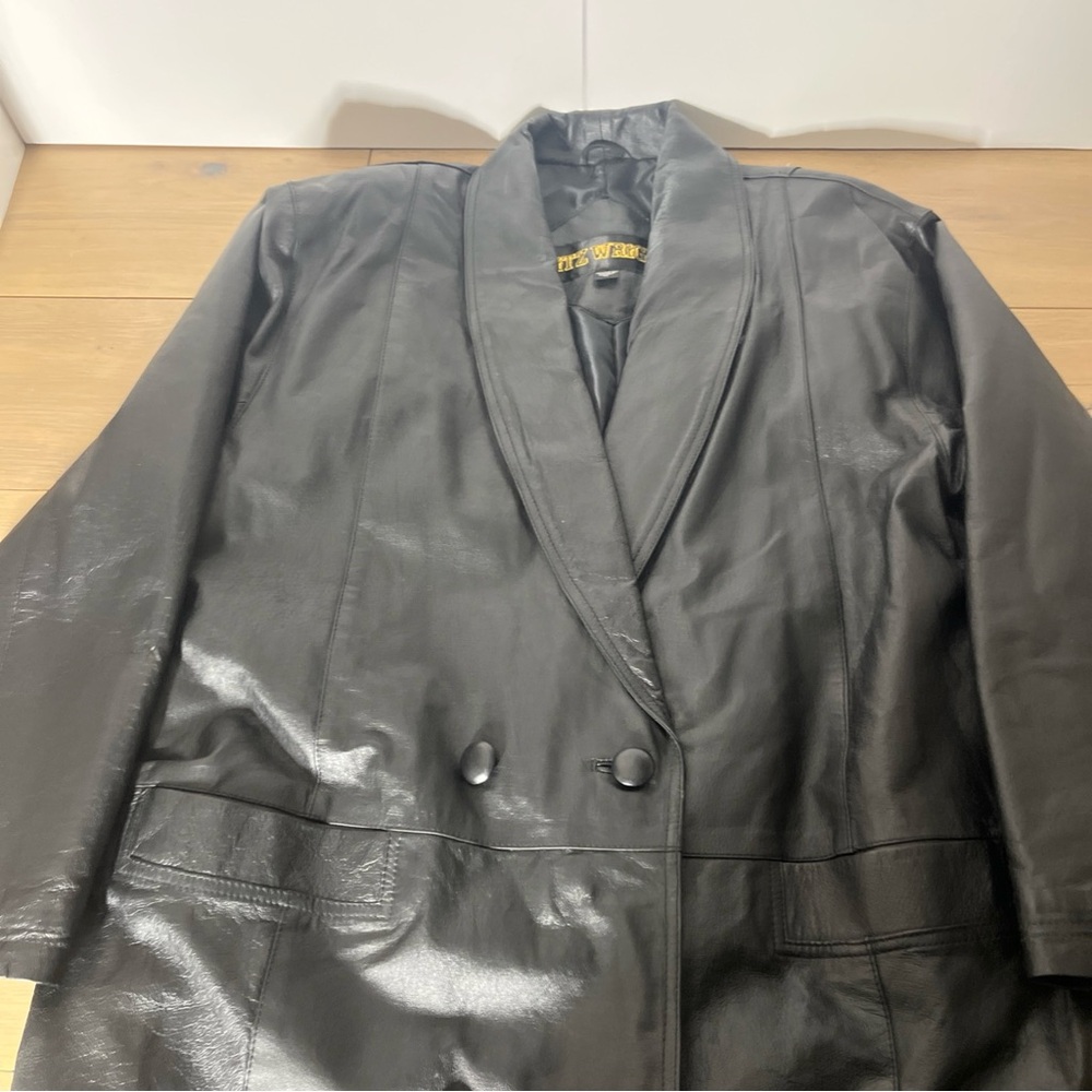 Fitz Wright Women's Black Genuine Leather Trench Coat Size L 50" Long